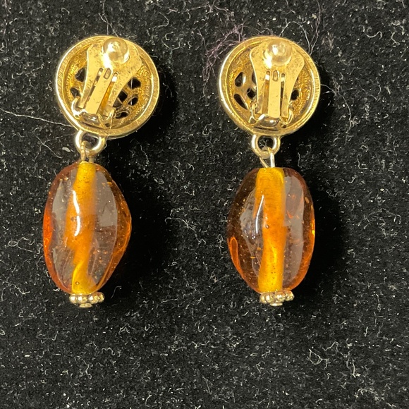 Amber Goldtone Dangle Clip Earrings - Picture 2 of 6